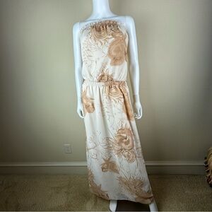 Boston Proper Cream Strapless Maxi Dress with Beige Floral Detail